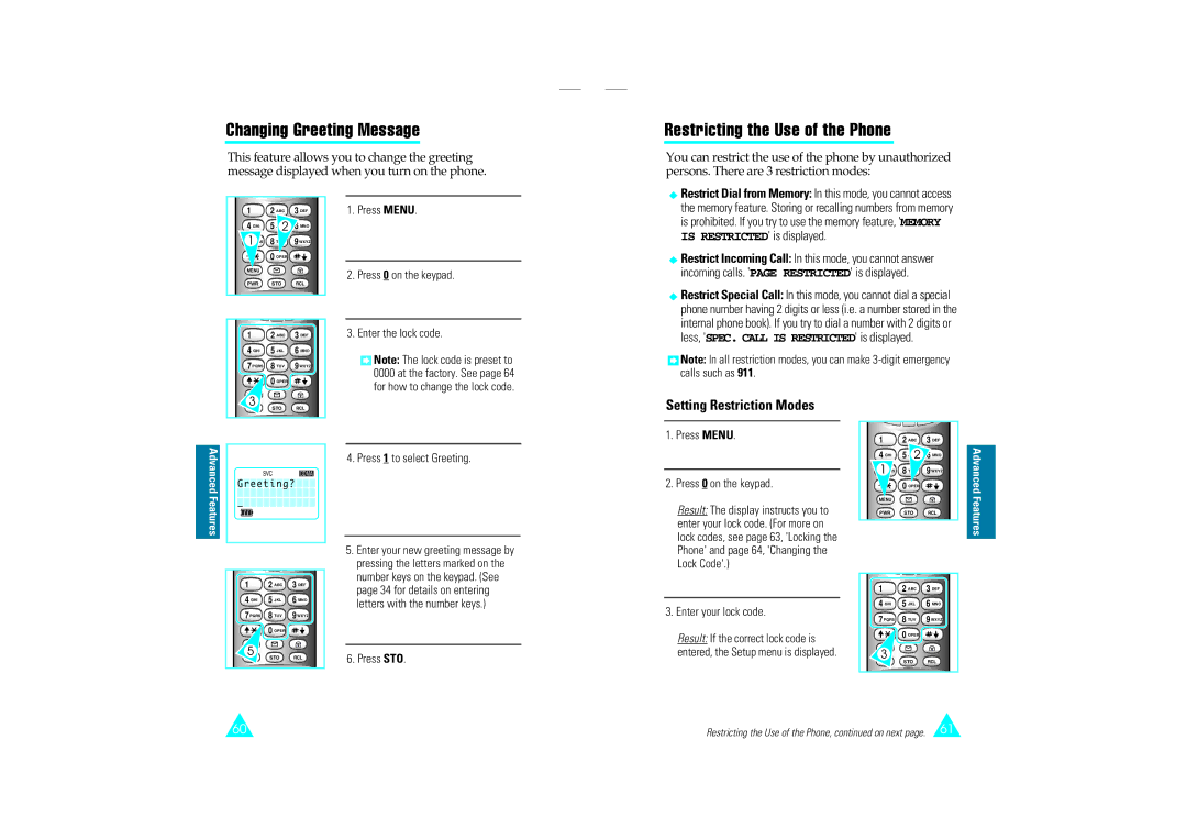 Samsung SCH-110SMOHFK manual Changing Greeting Message, Restricting the Use of the Phone, Setting Restriction Modes 