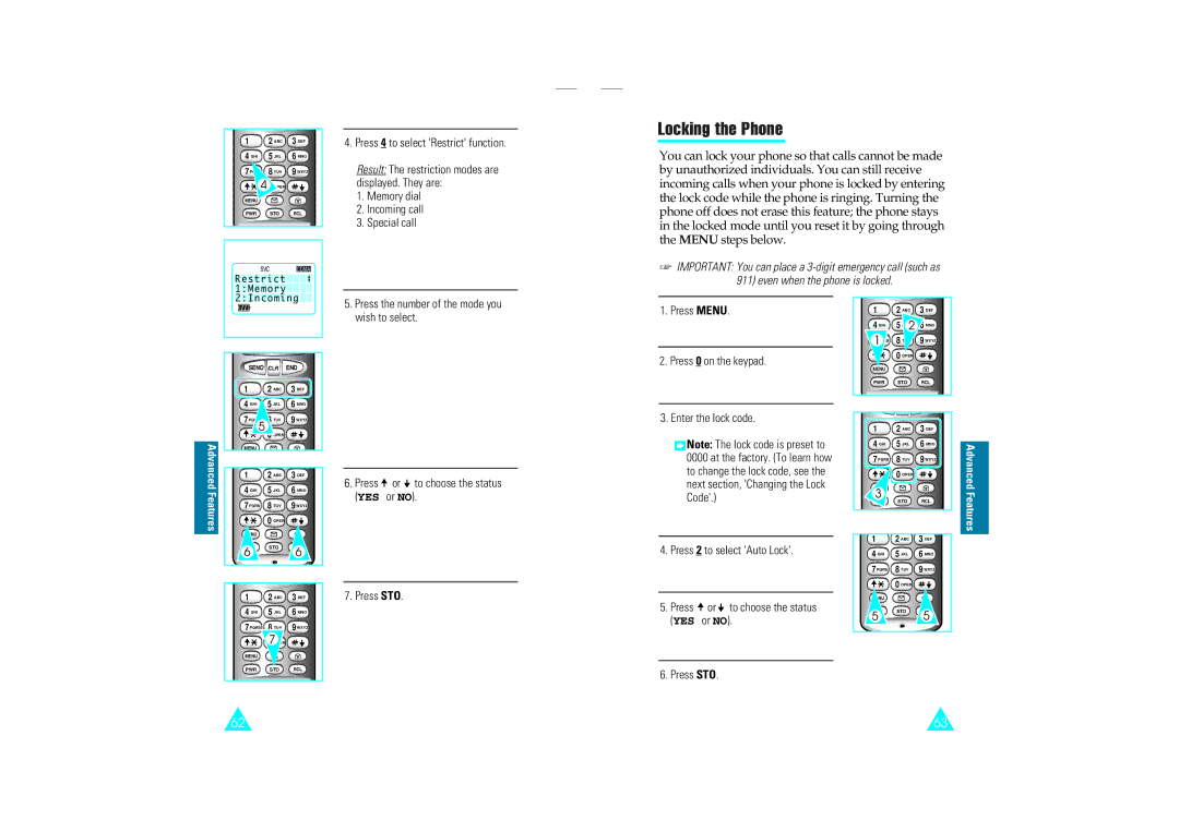 Samsung SCH-110SMOHFK manual Locking the Phone, Displayed. They are, Memory dial, Incoming call, Special call 