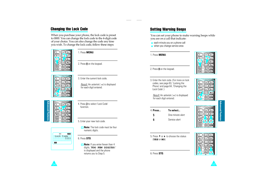 Samsung SCH-110SMOHFK manual Changing the Lock Code, Setting Warning Beeps 