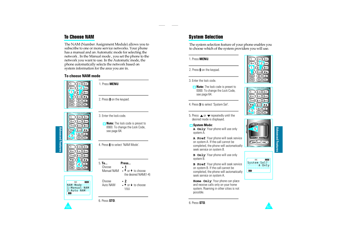 Samsung SCH-110SMOHFK manual To Choose NAM, System Selection, To choose NAM mode, To... Press, System Mode 