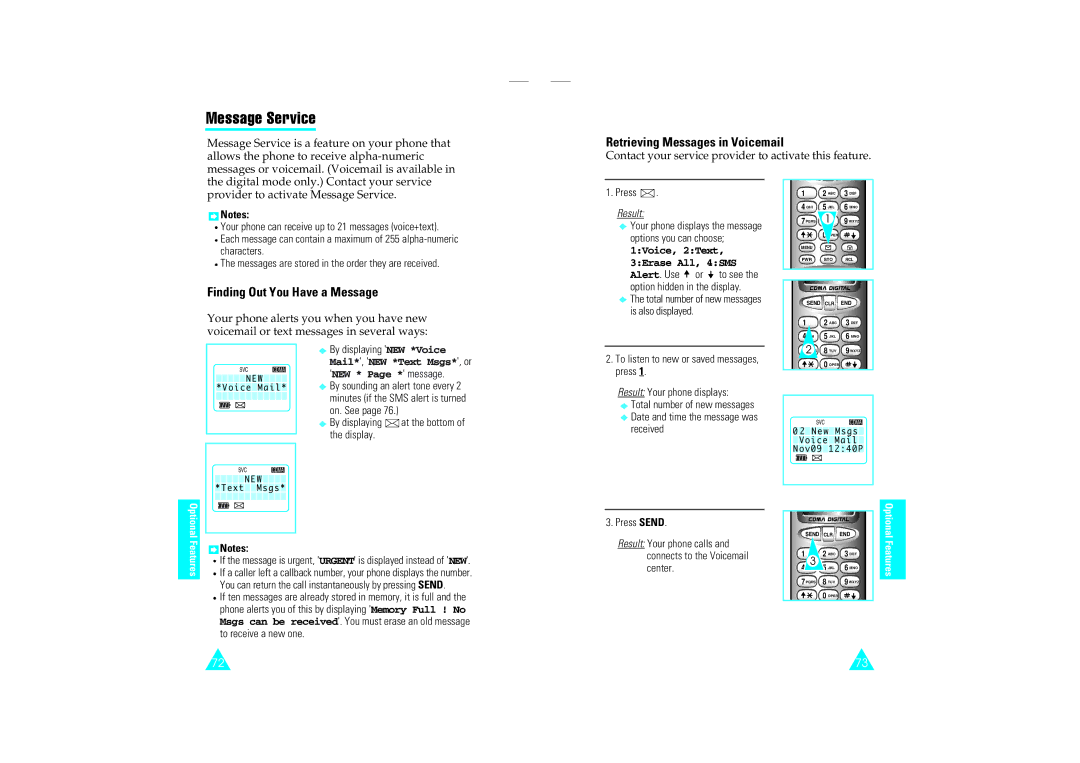 Samsung SCH-110SMOHFK manual Message Service, Retrieving Messages in Voicemail, Finding Out You Have a Message 