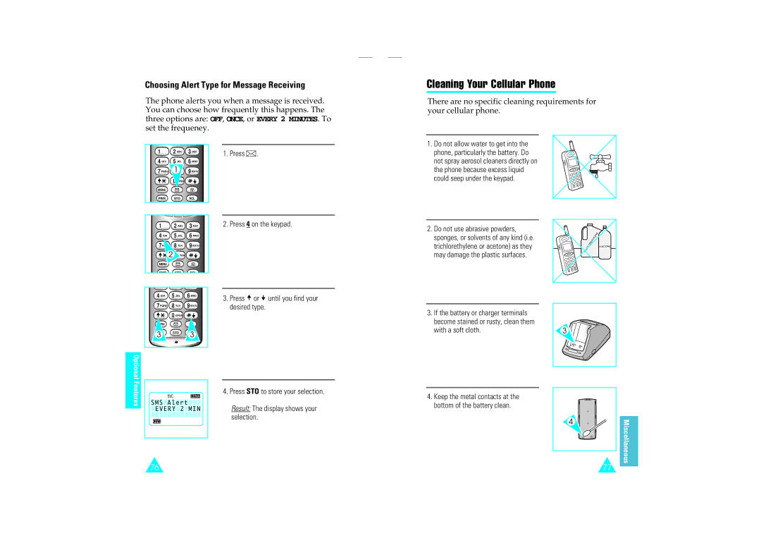 Samsung SCH-110SMOHFK manual Cleaning Your Cellular Phone, Choosing Alert Type for Message Receiving, With a soft cloth 