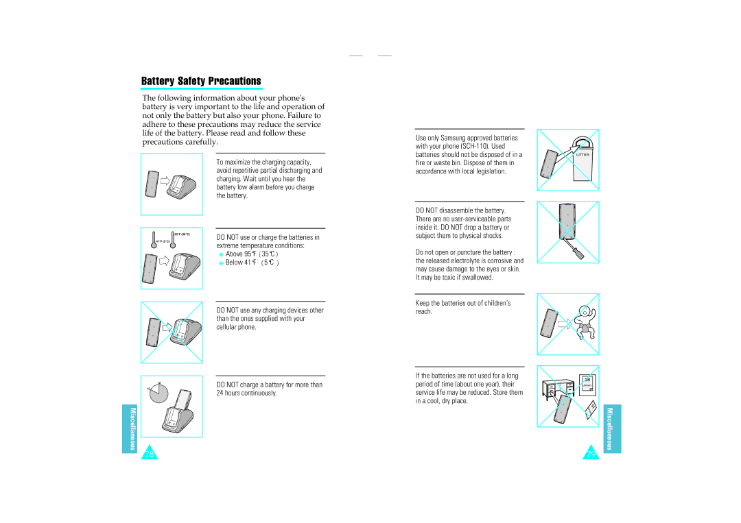 Samsung SCH-110SMOHFK manual Battery Safety Precautions, Keep the batteries out of childrens reach 