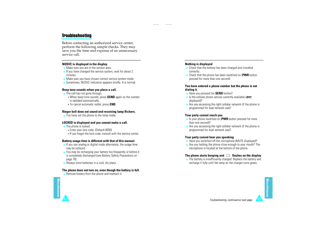 Samsung SCH-110SMOHFK manual Troubleshooting 