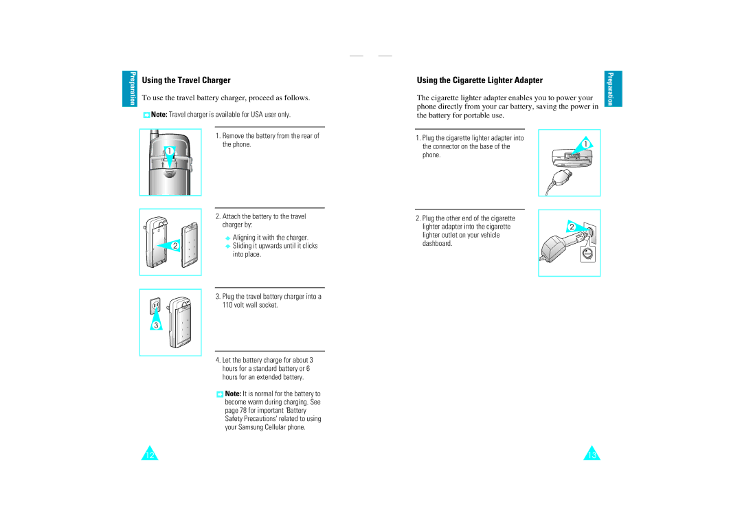 Samsung SCH-110SMOHFK manual Using the Travel Charger, Using the Cigarette Lighter Adapter, Phone 