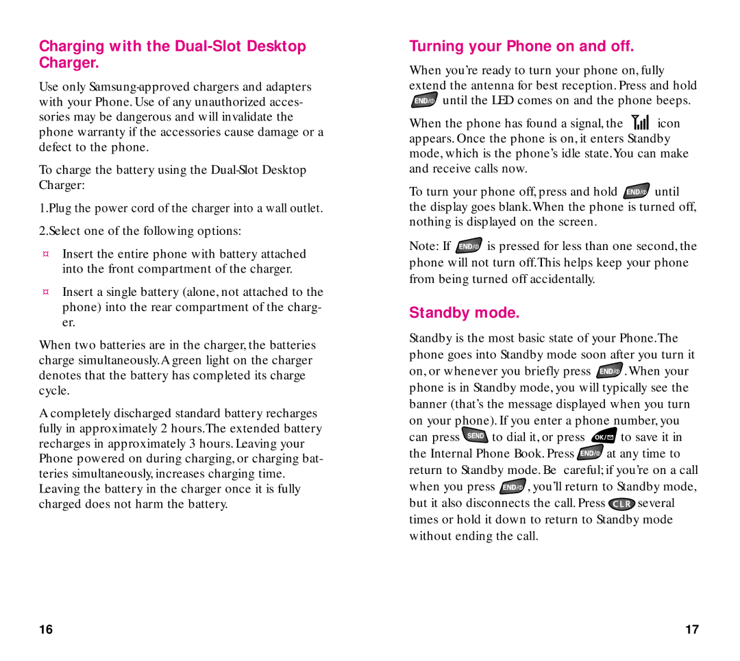 Samsung SCH-3500 manual Charging with the Dual-Slot Desktop Charger, Turning your Phone on and off, Standby mode 