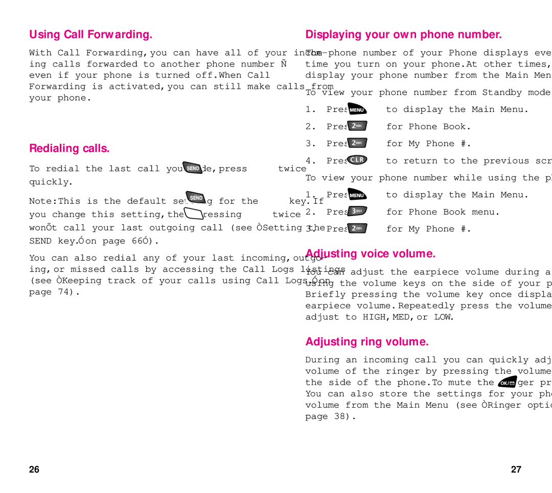 Samsung SCH-3500 manual Using Call Forwarding, Redialing calls, Displaying your own phone number, Adjusting voice volume 