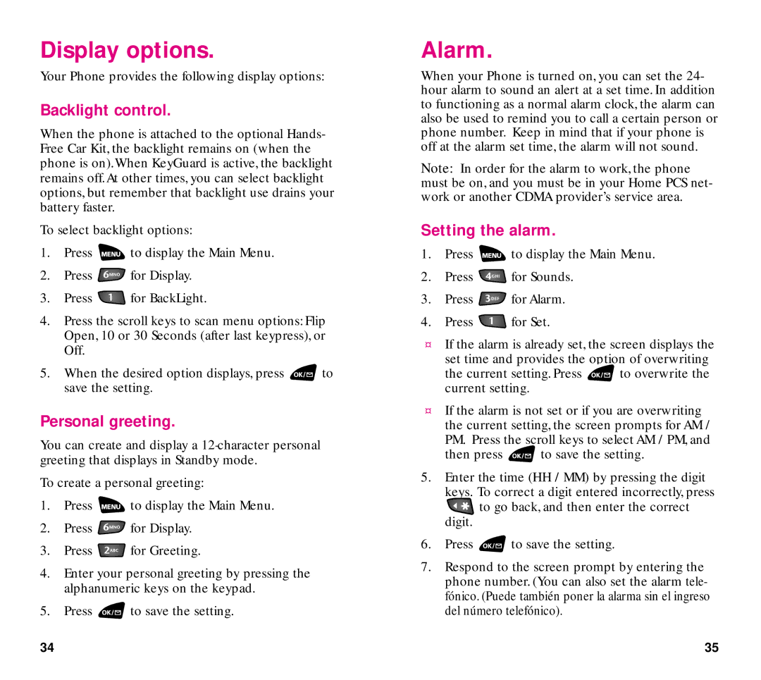 Samsung SCH-3500 manual Display options, Alarm, Backlight control, Personal greeting, Setting the alarm 