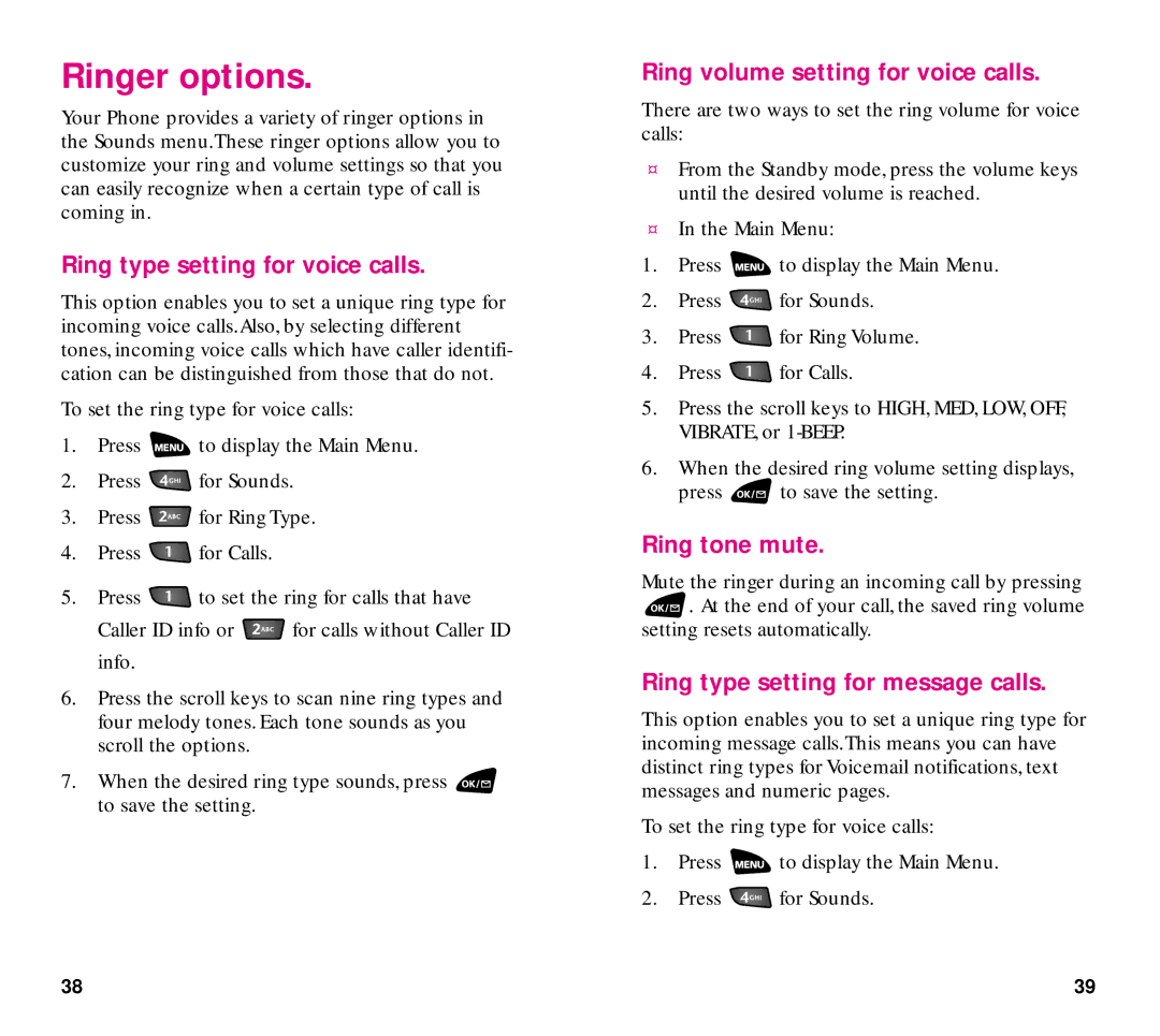 Samsung SCH-3500 Ringer options, Ring type setting for voice calls, Ring volume setting for voice calls, Ring tone mute 