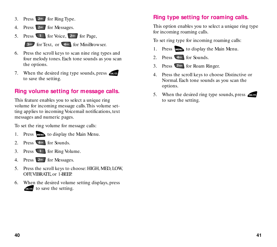 Samsung SCH-3500 manual Ring volume setting for message calls, Ring type setting for roaming calls 