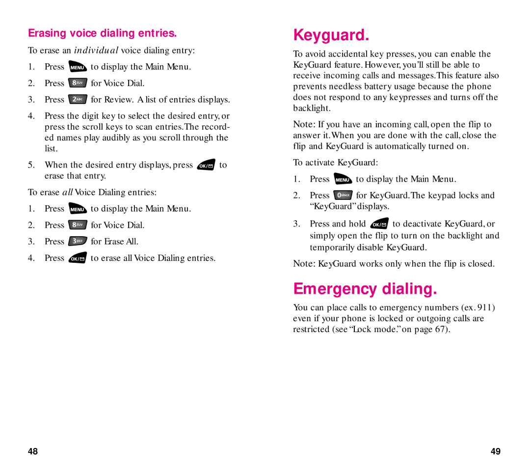 Samsung SCH-3500 manual Keyguard, Emergency dialing, Erasing voice dialing entries 