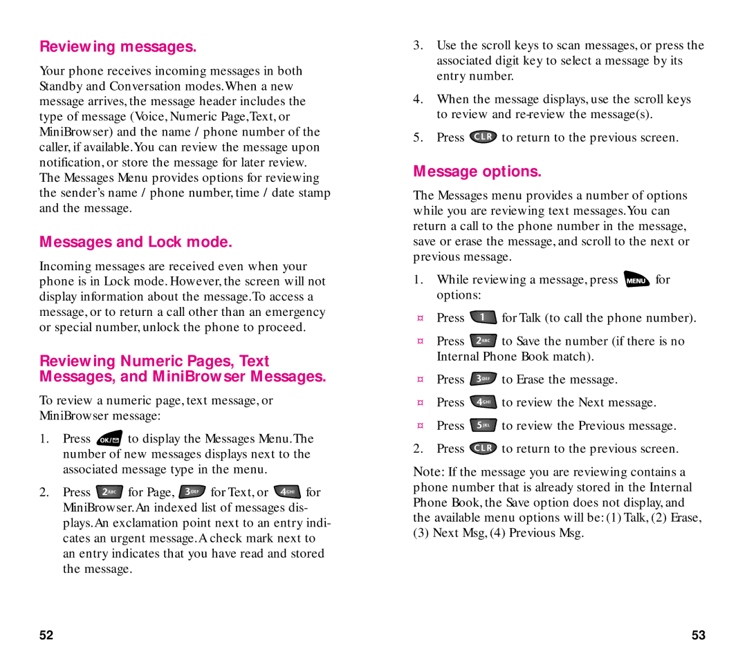 Samsung SCH-3500 manual Reviewing messages, Messages and Lock mode, Message options 