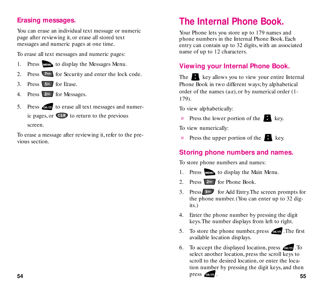 Samsung SCH-3500 manual Erasing messages, Viewing your Internal Phone Book, Storing phone numbers and names 
