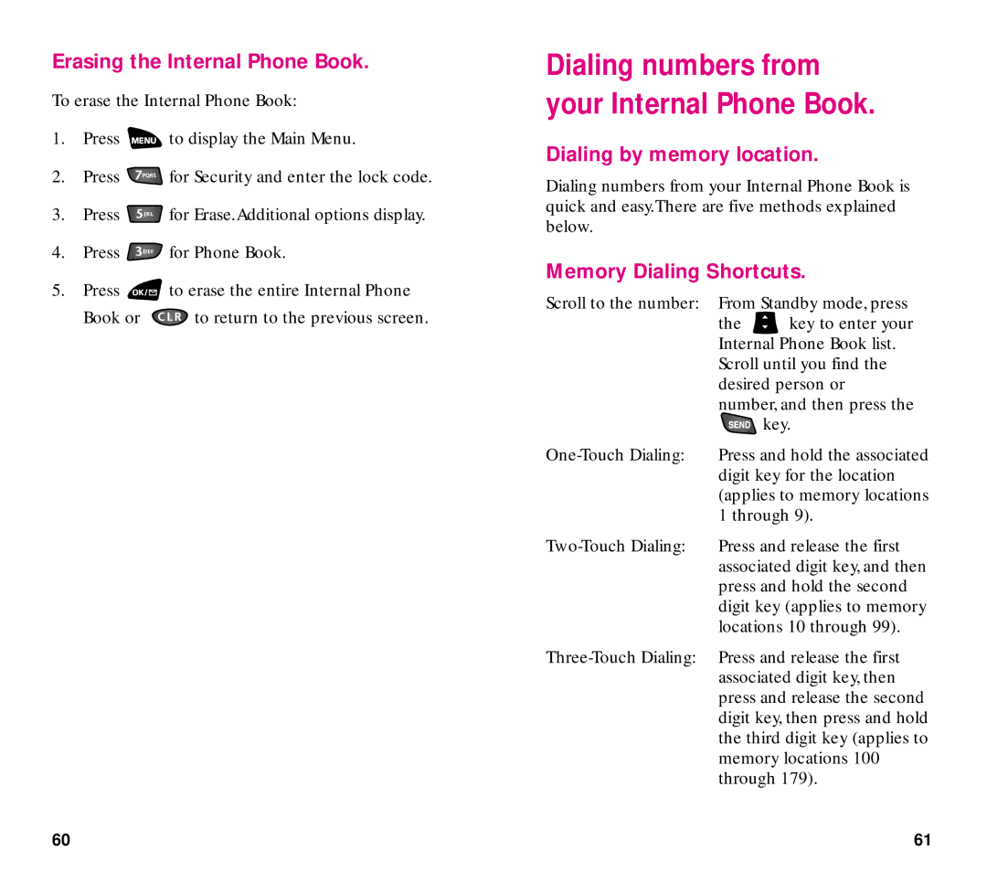 Samsung SCH-3500 manual Erasing the Internal Phone Book, Dialing by memory location, Memory Dialing Shortcuts 