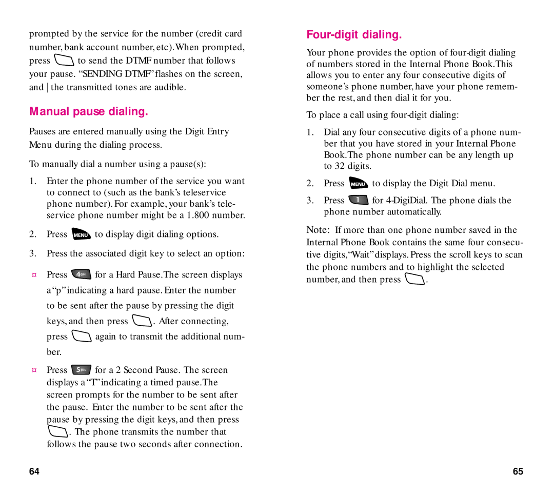 Samsung SCH-3500 manual Manual pause dialing, Four-digit dialing 