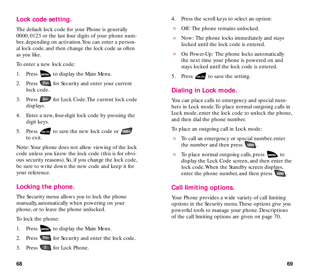 Samsung SCH-3500 manual Lock code setting, Locking the phone, Dialing in Lock mode, Call limiting options 