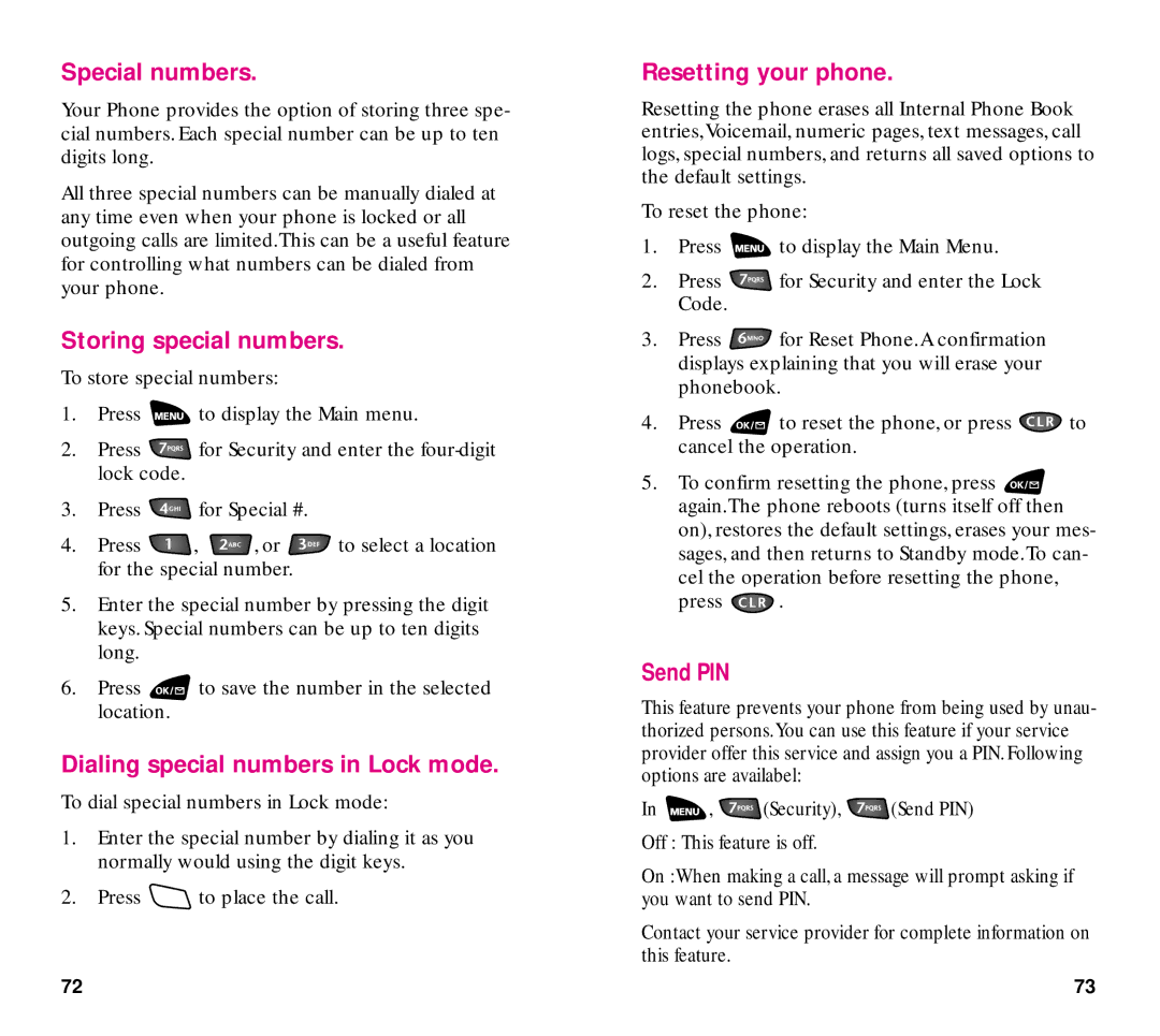 Samsung SCH-3500 Special numbers, Storing special numbers, Dialing special numbers in Lock mode, Resetting your phone 