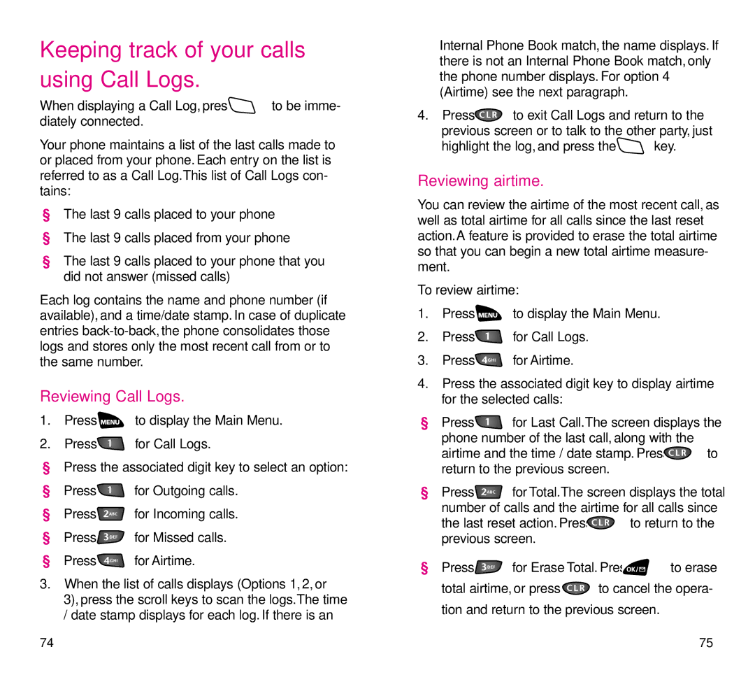 Samsung SCH-3500 manual Keeping track of your calls using Call Logs, Reviewing Call Logs, Reviewing airtime 