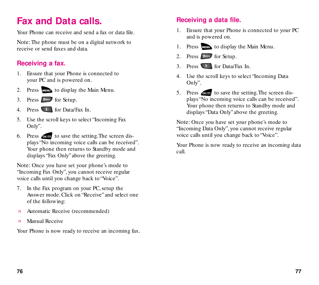 Samsung SCH-3500 manual Fax and Data calls, Receiving a fax, Receiving a data file 