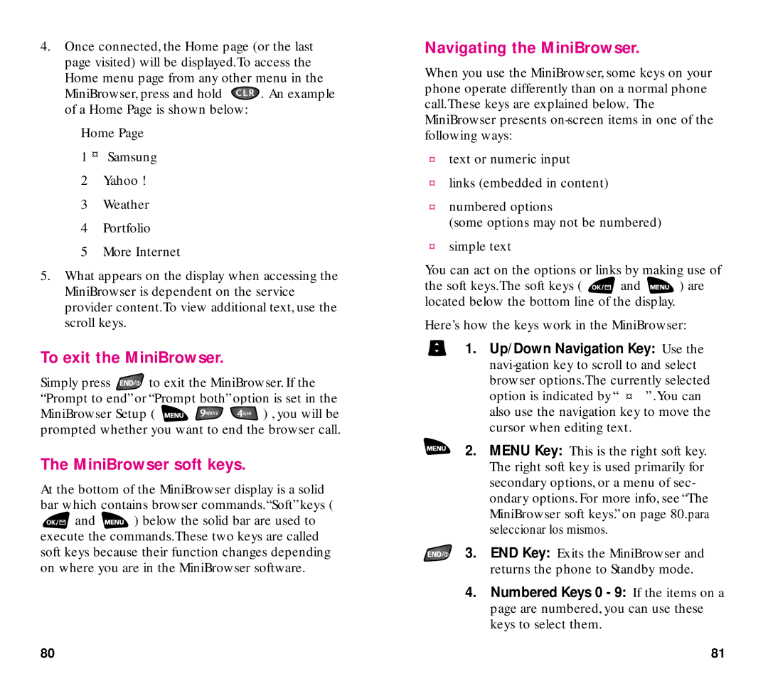 Samsung SCH-3500 manual To exit the MiniBrowser, MiniBrowser soft keys, Navigating the MiniBrowser 