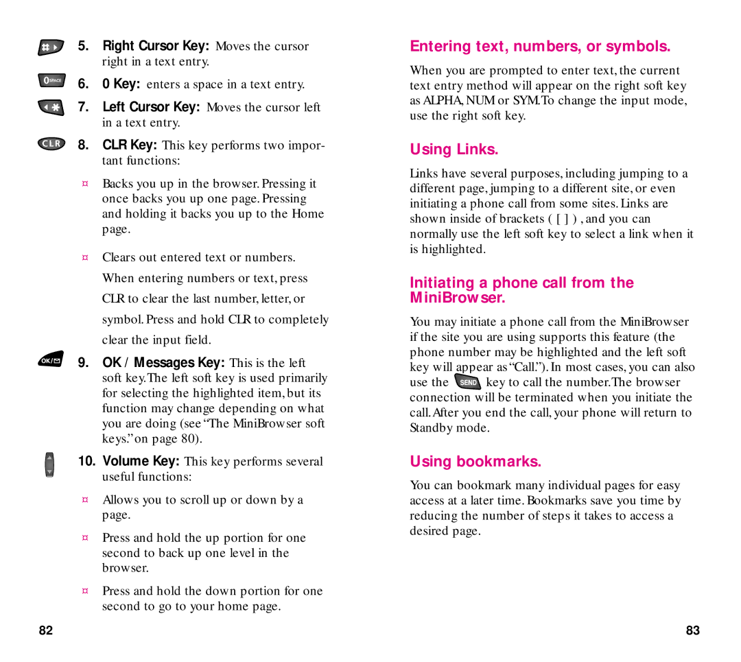 Samsung SCH-3500 manual Entering text, numbers, or symbols, Using Links, Initiating a phone call from the MiniBrowser 