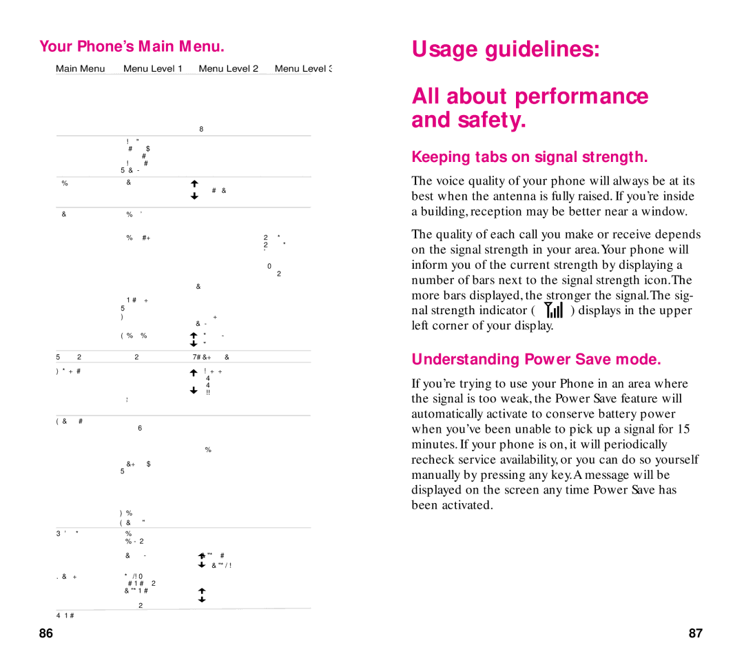 Samsung SCH-3500 Usage guidelines All about performance and safety, Your Phone’s Main Menu, Understanding Power Save mode 