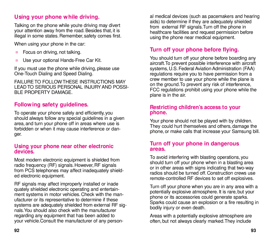 Samsung SCH-3500 manual Using your phone while driving, Following safety guidelines, Turn off your phone before flying 