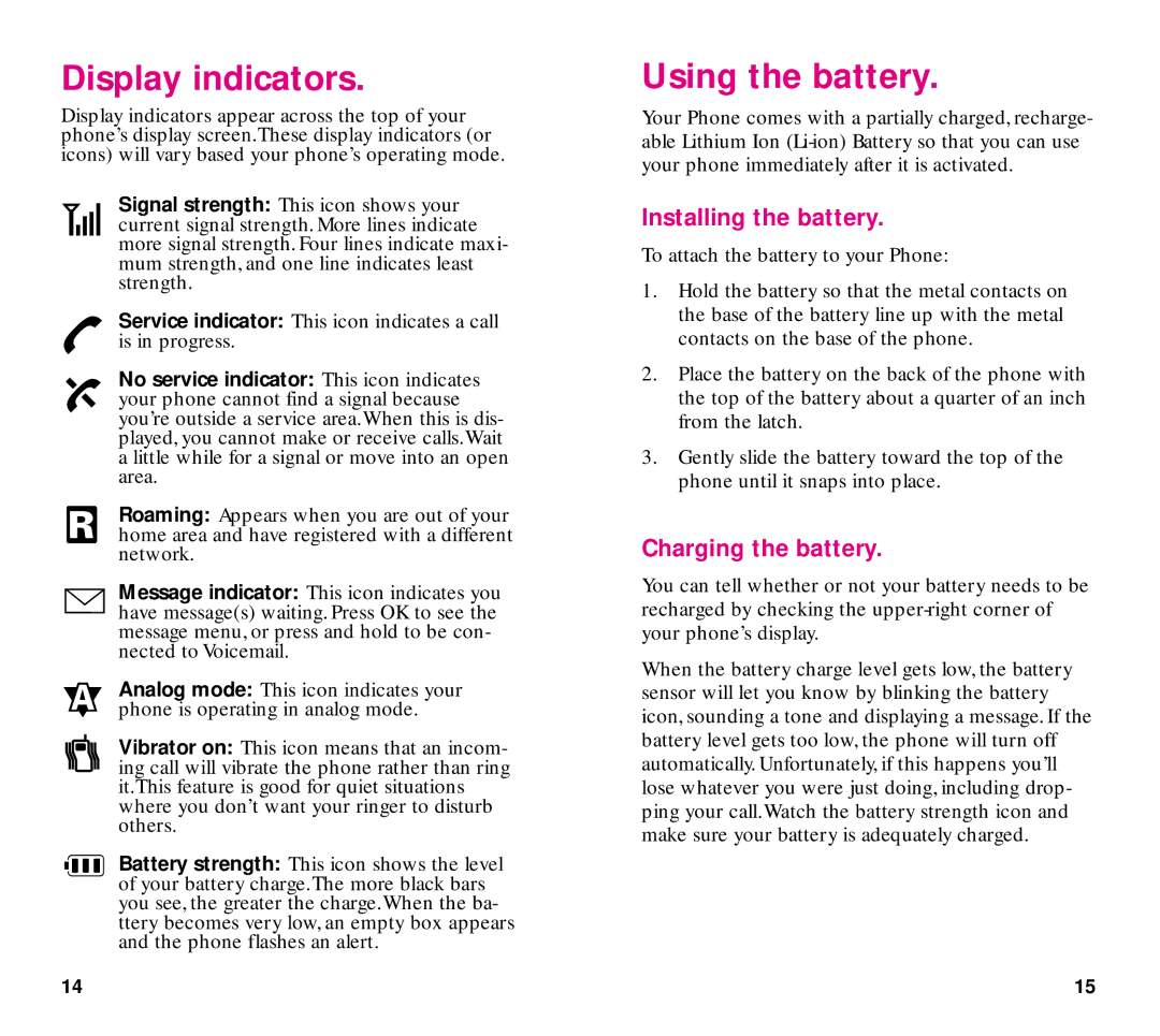 Samsung SCH-3500 manual Display indicators, Using the battery, Installing the battery, Charging the battery 