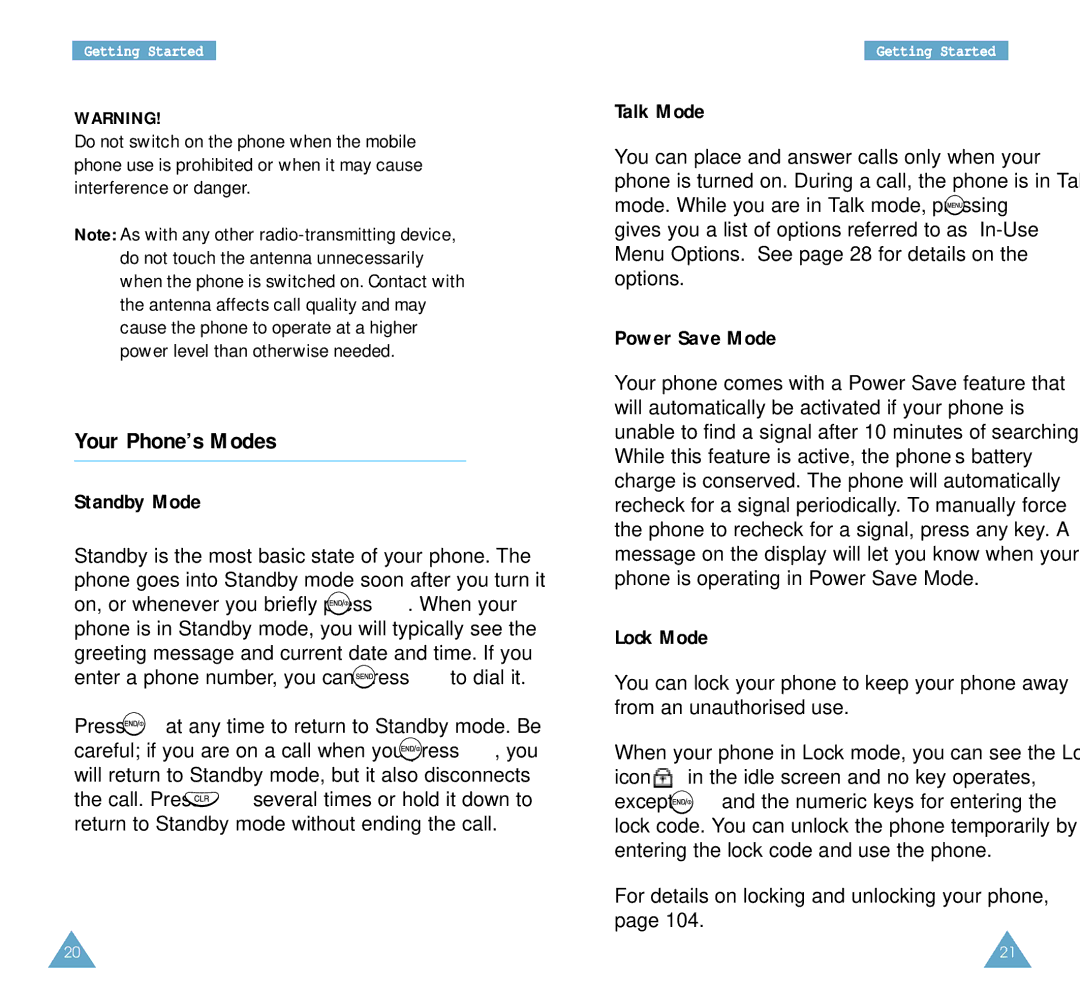 Samsung SCH-A212 user manual Your Phone’s Modes, Standby Mode, Talk Mode, Power Save Mode, Lock Mode 