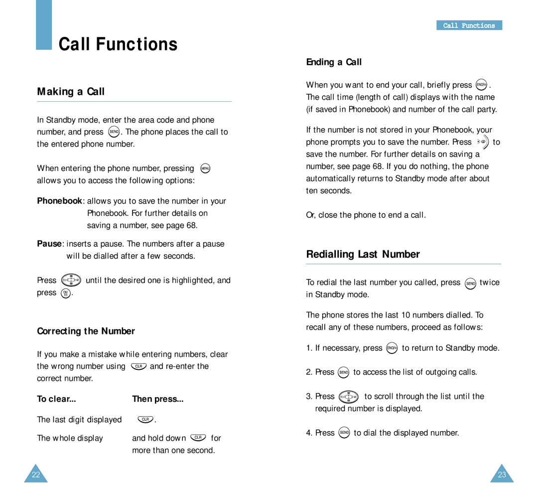 Samsung SCH-A212 user manual Call Functions, Making a Call, Redialling Last Number, Correcting the Number, Ending a Call 