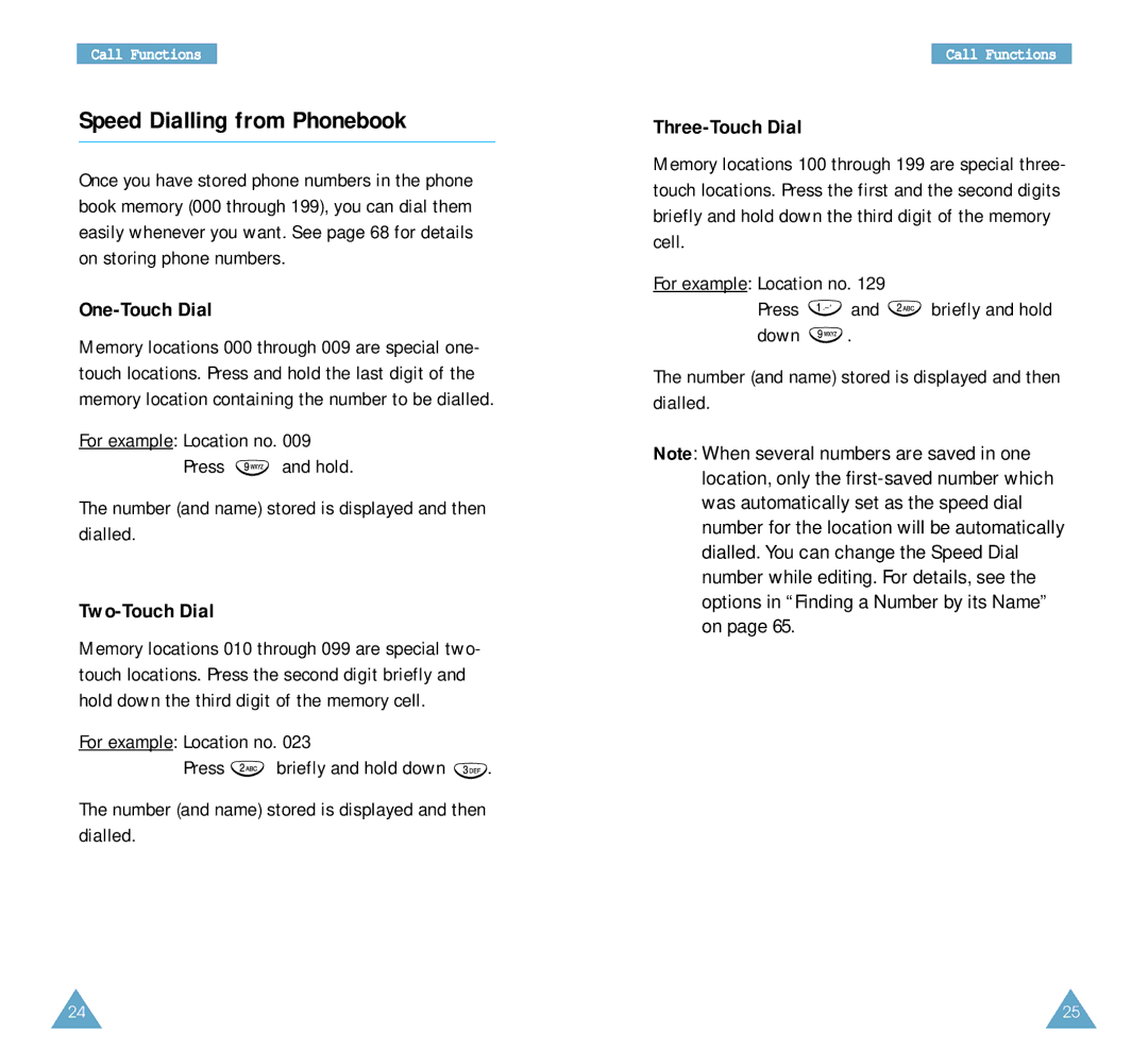 Samsung SCH-A212 user manual Speed Dialling from Phonebook, One-Touch Dial, Two-Touch Dial, Three-Touch Dial 