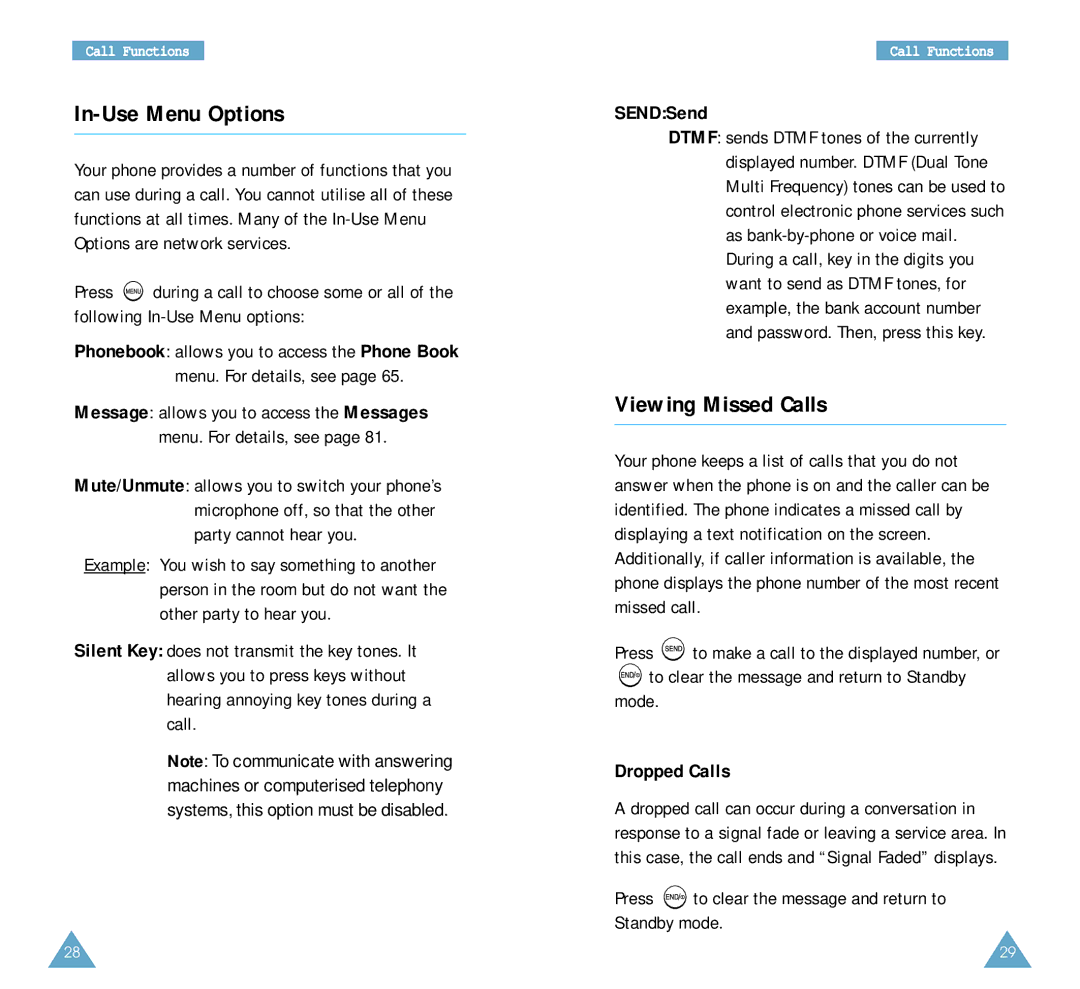 Samsung SCH-A212 user manual In-Use Menu Options, Viewing Missed Calls, SENDSend, Dropped Calls 