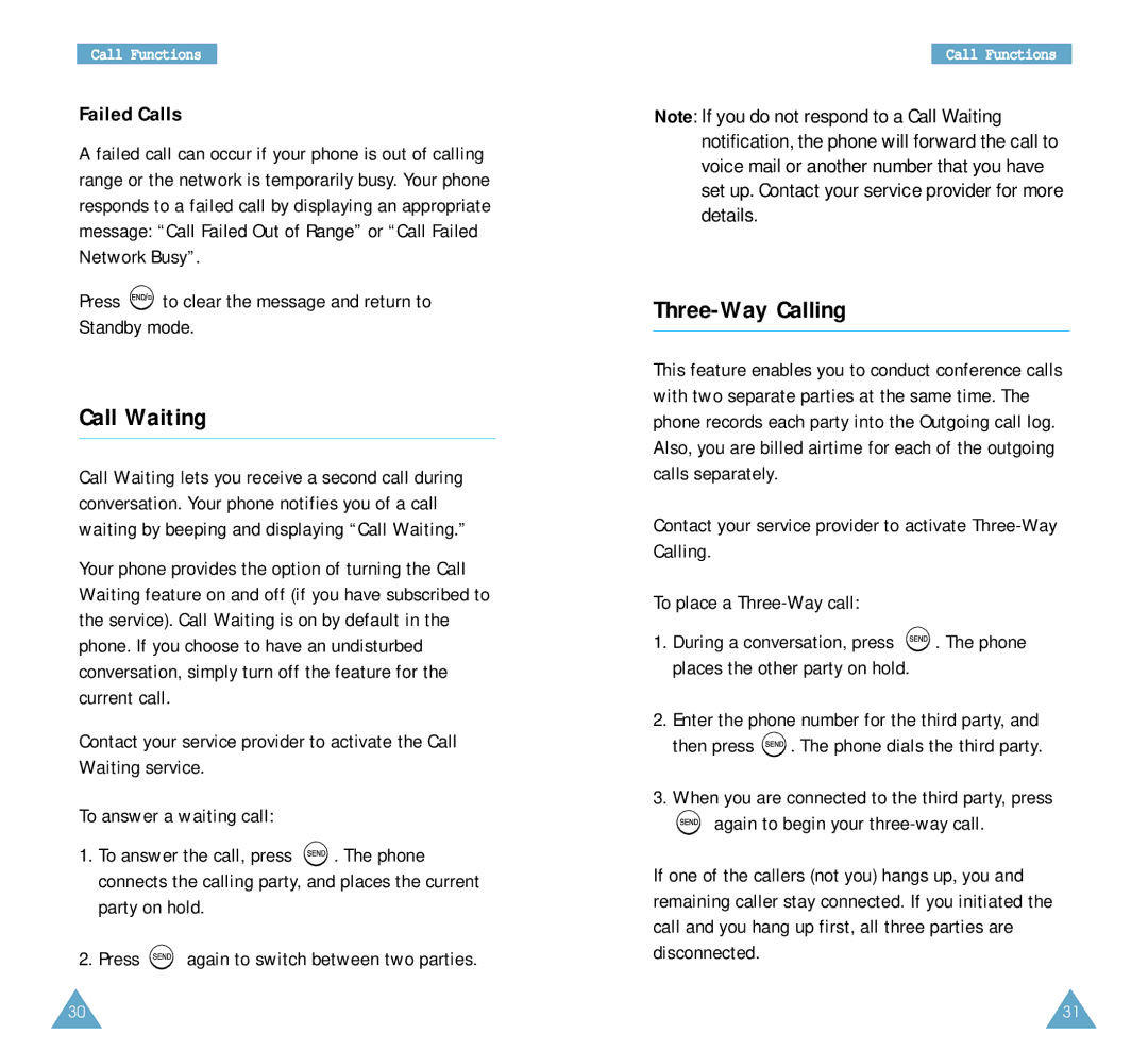 Samsung SCH-A212 user manual Call Waiting, Three-Way Calling, Failed Calls 