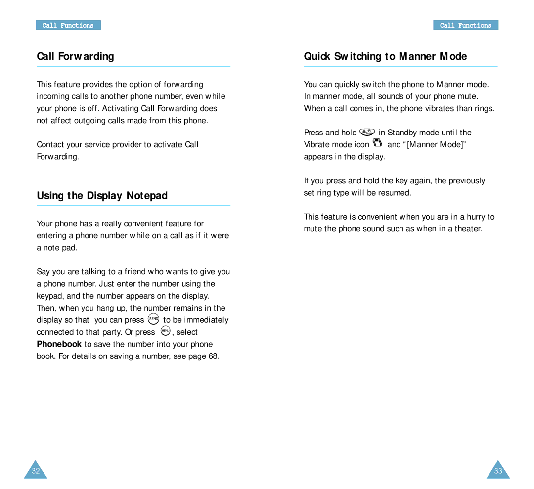 Samsung SCH-A212 user manual Call Forwarding, Using the Display Notepad, Quick Switching to Manner Mode 