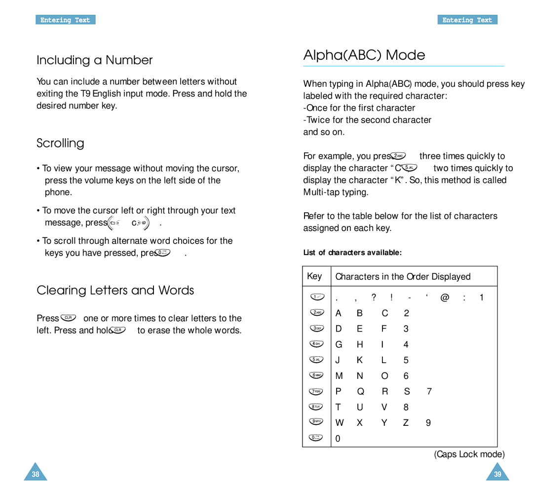 Samsung SCH-A212 AlphaABC Mode, Including a Number, Scrolling, Clearing Letters and Words, List of characters available 