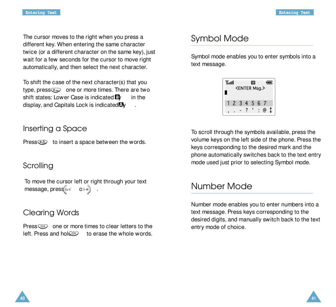 Samsung SCH-A212 Symbol Mode, Number Mode, Inserting a Space, Clearing Words, Press to insert a space between the words 