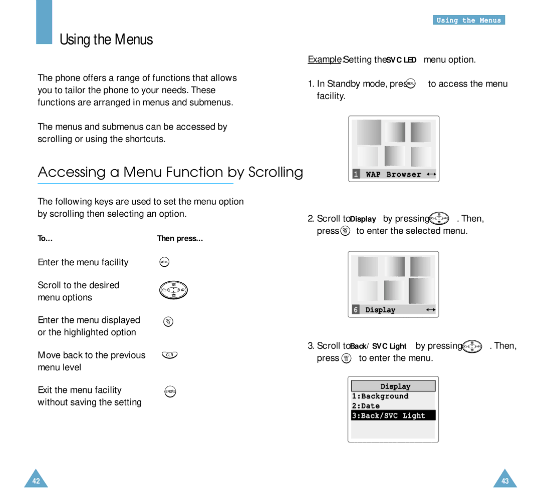 Samsung SCH-A212 Using the Menus, Accessing a Menu Function by Scrolling, Enter the menu facility, Press to enter the menu 