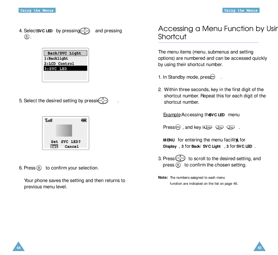 Samsung SCH-A212 user manual Accessing a Menu Function by Using its Shortcut, Select SVC LED by pressing and pressing 