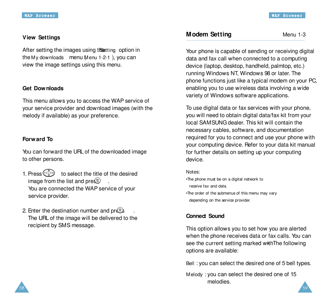 Samsung SCH-A212 user manual Modem Setting, View Settings, Get Downloads, Forward To, Connect Sound 