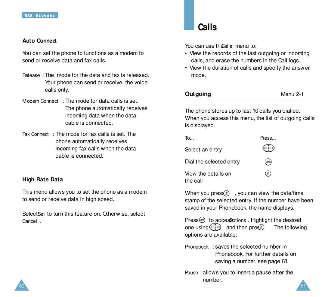 Samsung SCH-A212 user manual Calls, Outgoing, Auto Connect, High Rate Data, To...Press 