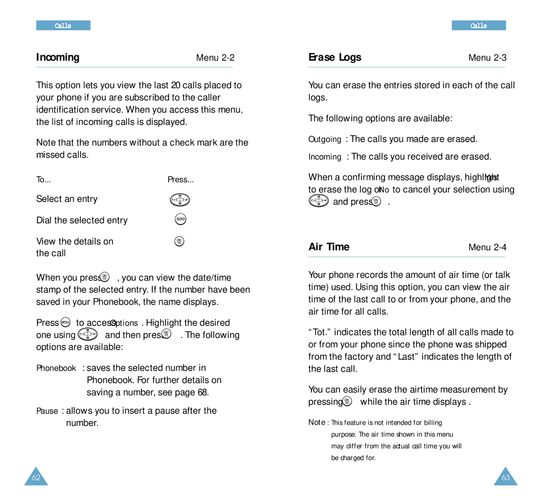 Samsung SCH-A212 user manual Incoming, Erase Logs, Air Time 