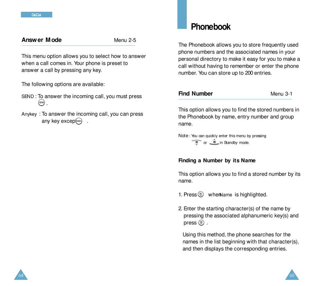 Samsung SCH-A212 user manual Phonebook, Answer Mode, Find Number, Finding a Number by its Name 