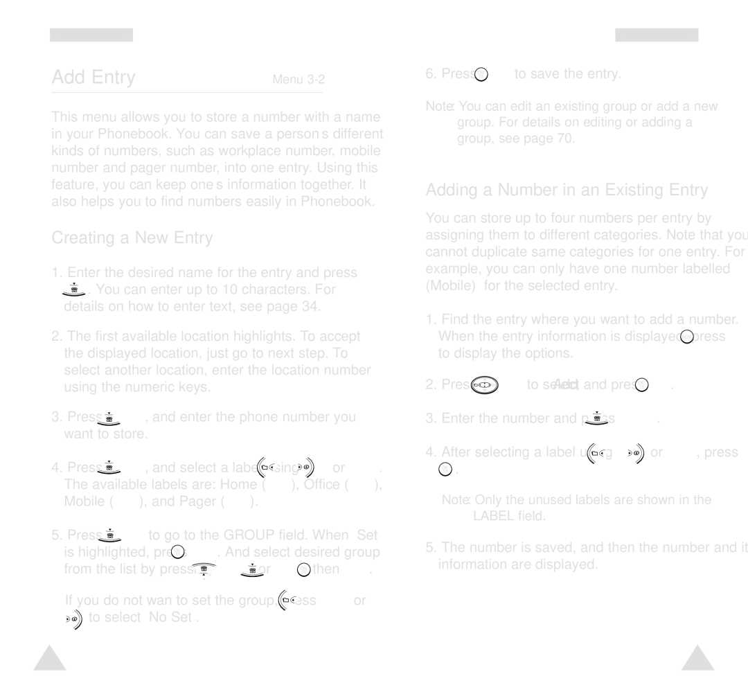 Samsung SCH-A212 user manual Add Entry, Creating a New Entry, Adding a Number in an Existing Entry 