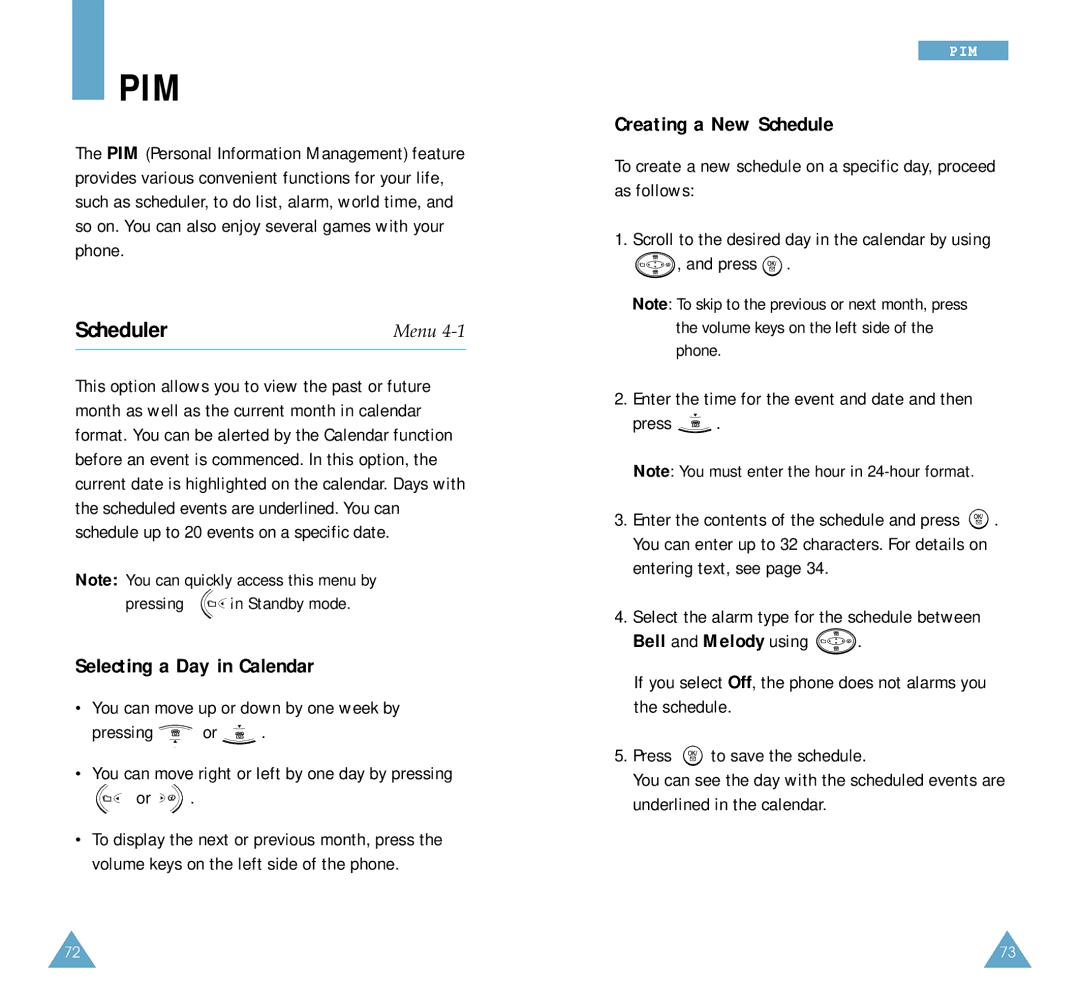 Samsung SCH-A212 user manual Scheduler, Selecting a Day in Calendar, Creating a New Schedule, Bell and Melody using 