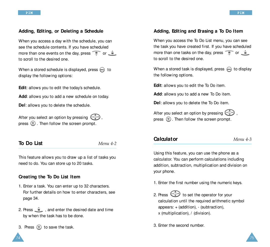 Samsung SCH-A212 user manual Calculator, Adding, Editing, or Deleting a Schedule, Creating the To Do List Item 