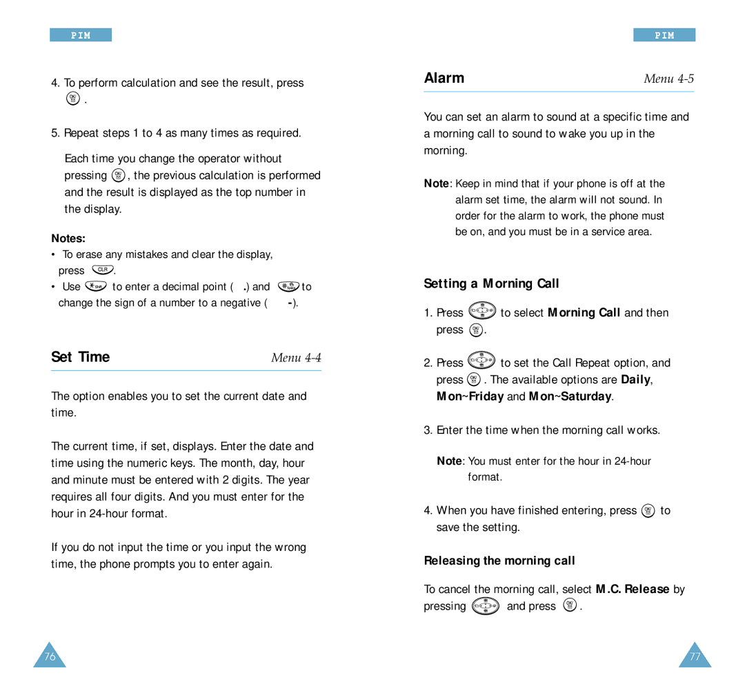 Samsung SCH-A212 user manual Set Time, Alarm, Setting a Morning Call, Releasing the morning call 