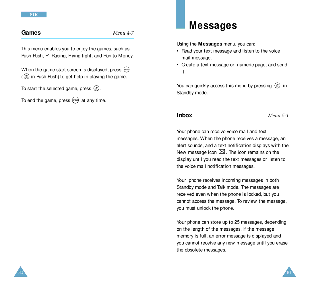 Samsung SCH-A212 user manual Messages, Games, Inbox 