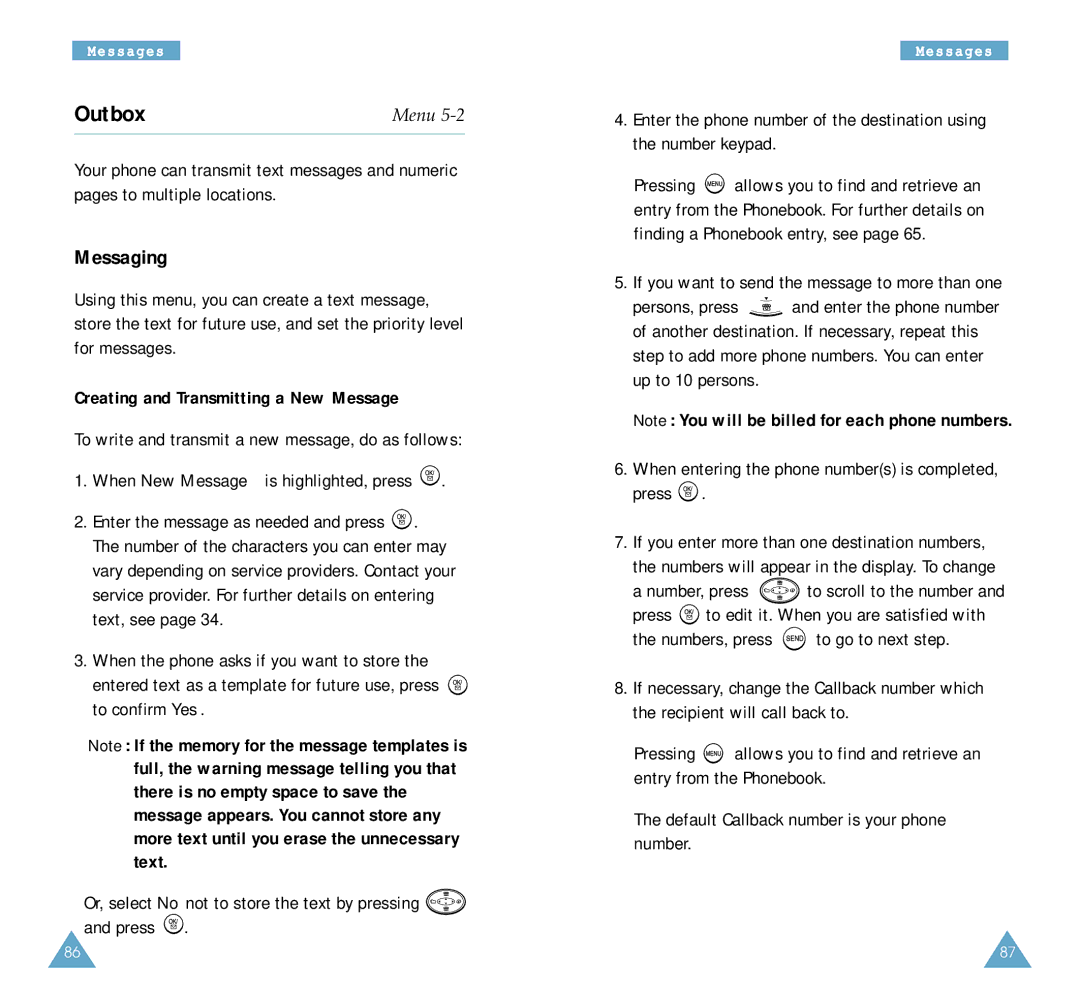 Samsung SCH-A212 user manual Outbox, Messaging, Creating and Transmitting a New Message 