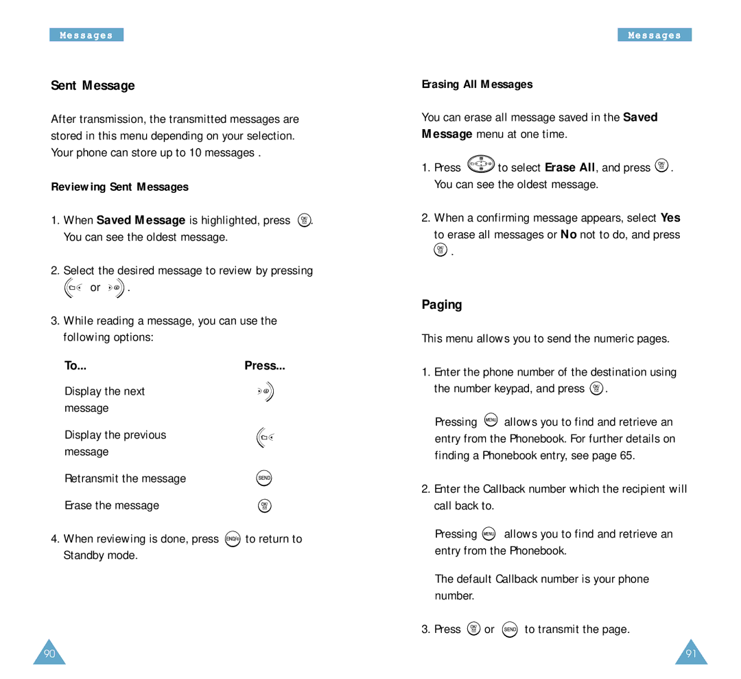 Samsung SCH-A212 user manual Paging, Reviewing Sent Messages, Erasing All Messages 