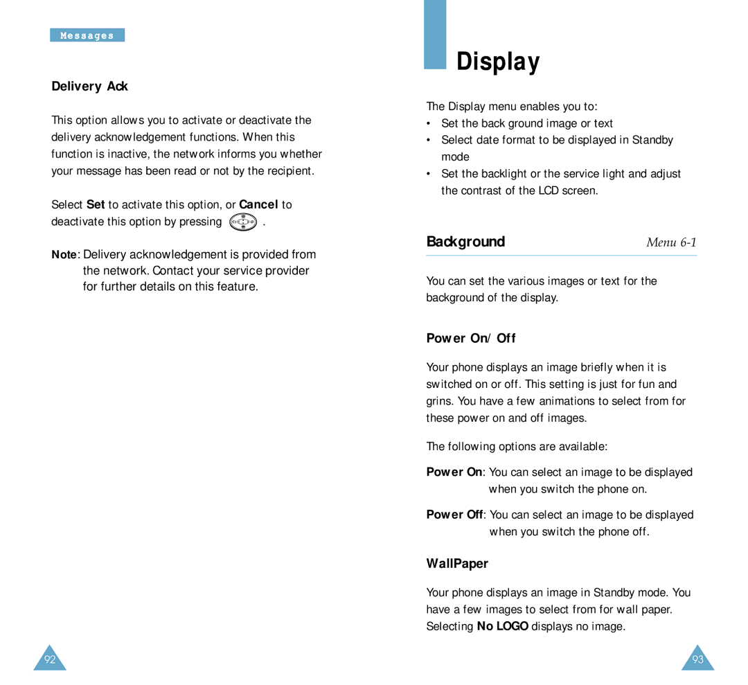 Samsung SCH-A212 user manual Display, Background, Delivery Ack, Power On/Off, WallPaper 